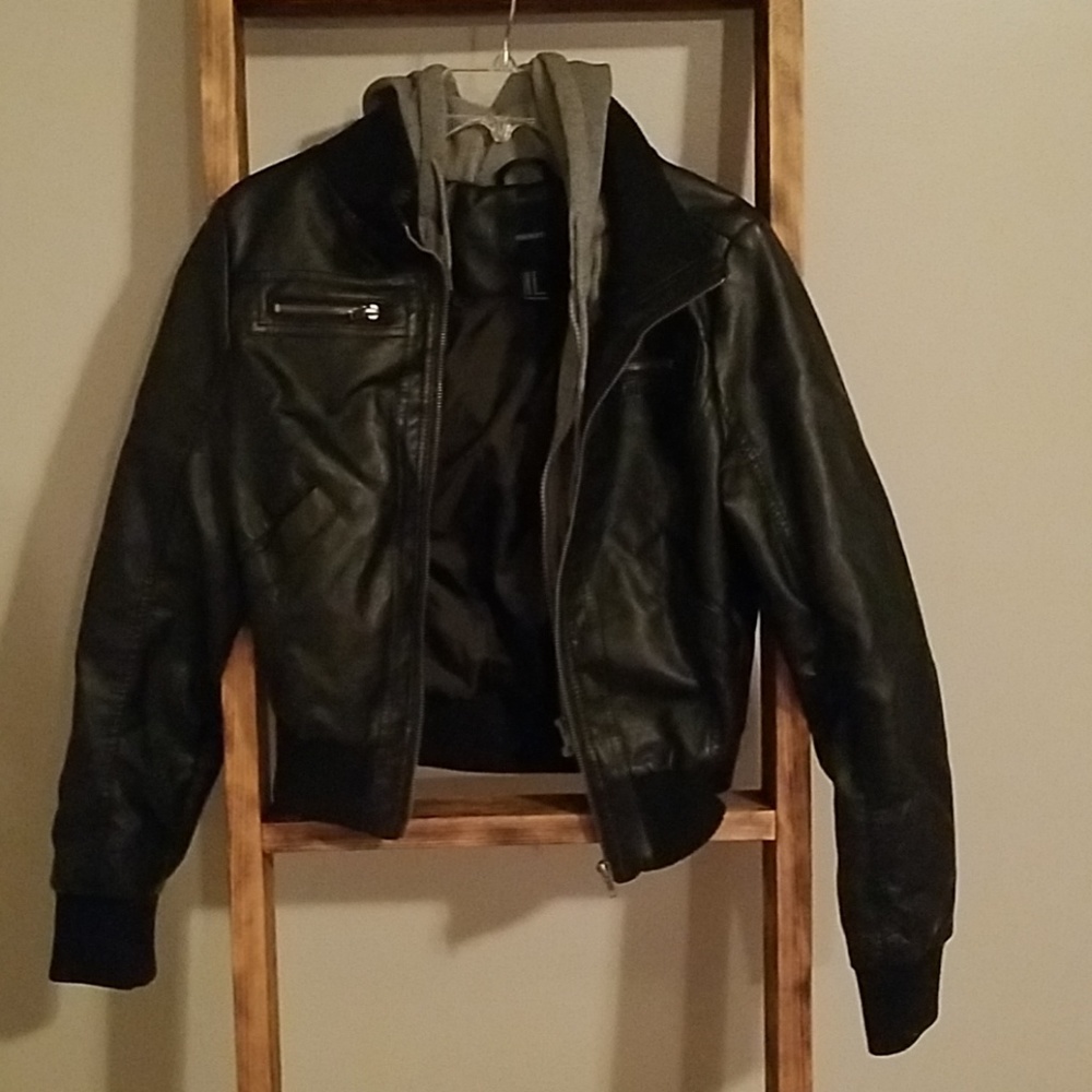 Leather jacket with a gray hood